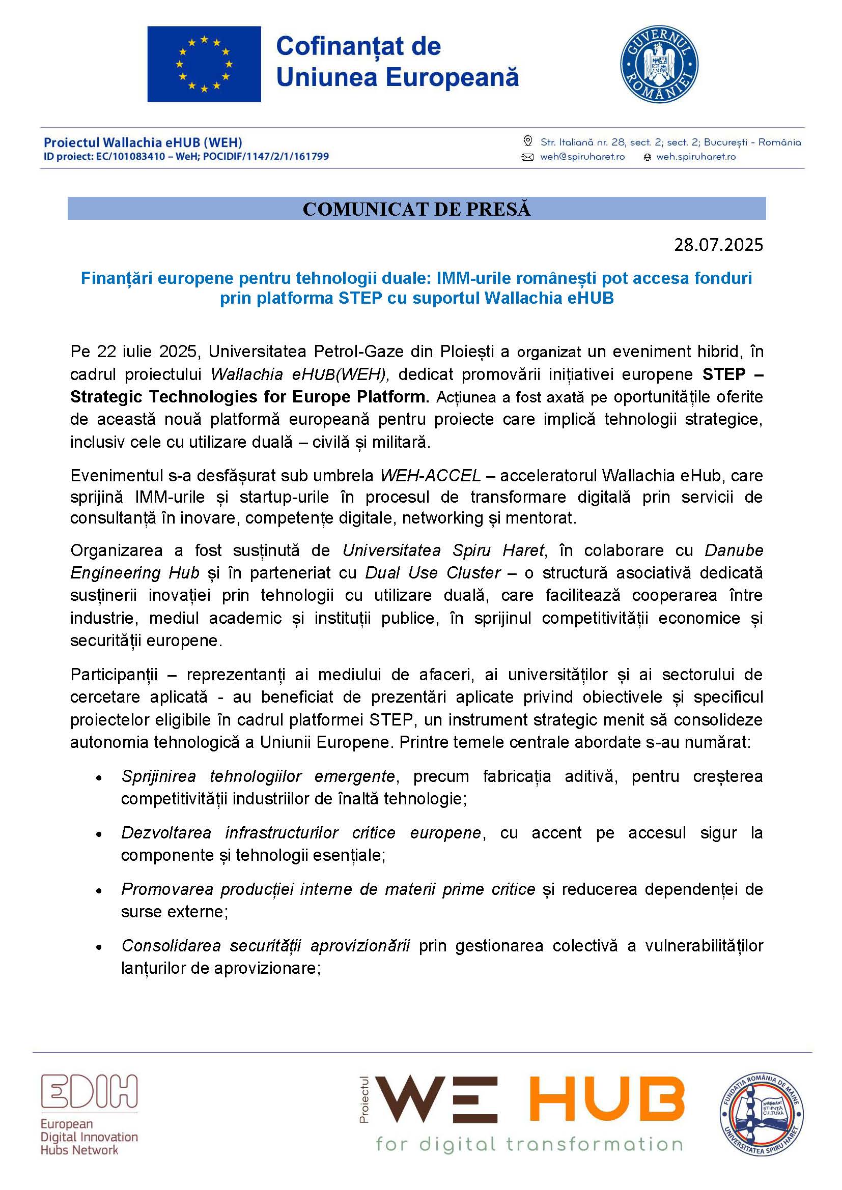 Comunicat Finanțări europene pentru tehnologii duale 22 iul 2025 WEH Page 1